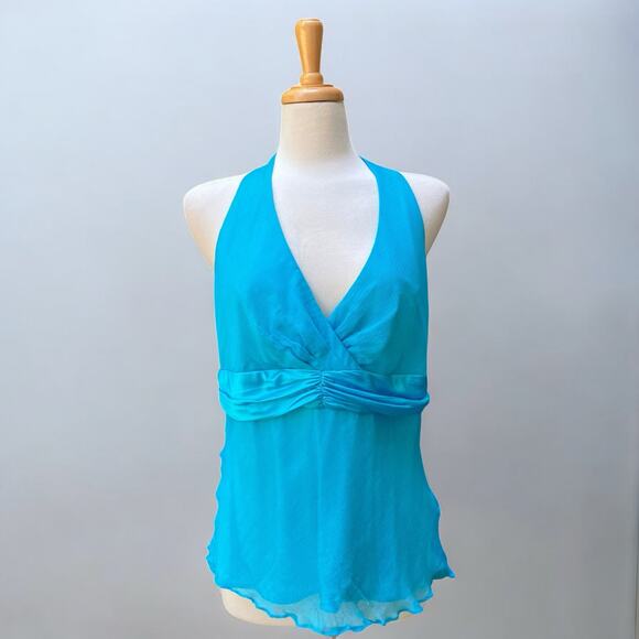 VTG Y2K Silk Halter Top Med/LG Blue Babydoll Ribbon Chiffon V Neck Coquette - Picture 1 of 12
